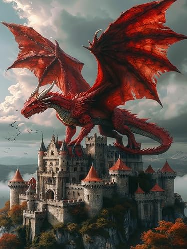 GMETNIC Diamond Art Kits for Adults- Diamond Painting Kits for Adults Beginners, 5D DIY Full Drill Round Rhinestone Gem Art Crafts Paintings for Home Wall Decor 12"x16" (Red Dragon's Castle) - color: Red Dragon's Castle