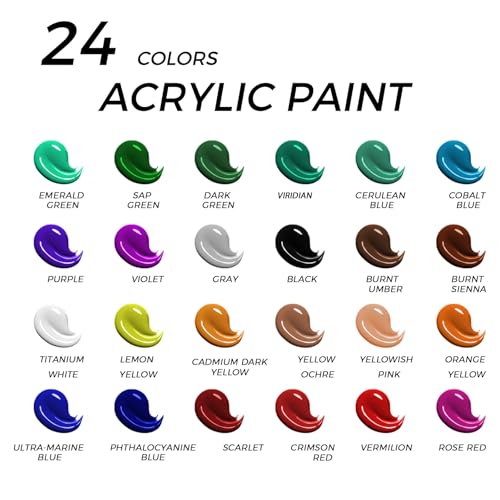 koseibal 24 Color Acrylic Paints Set with Tabletop Easel and Canvas Pad | Art Painting Supplies Kit for Kids & Adults, 24 Vibrant Acrylic Tubes, 4 Canvas Boards, 8 Brushes, Drawing Pad - color: 24x12ml+Easel-S