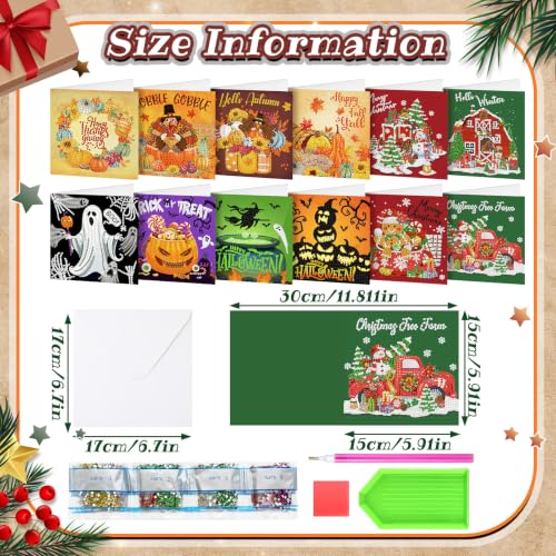 Saillong 12 Pack Fall Diamond Painting Greeting Cards Kits DIY Holiday Diamond Art Cards with Envelopes Halloween Christmas 5D Rhinestones Painting Making Kit for Adult DIY Crafts Party Favors Gifts - color: Holiday