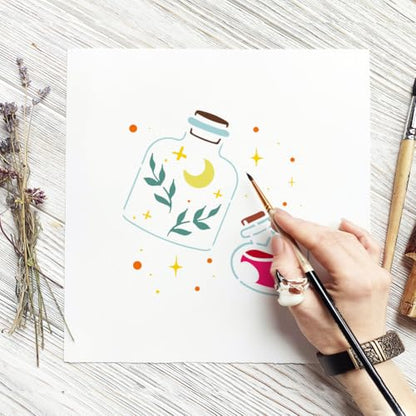 FINGERINSPIRE 24 Pcs Witch Witchcraft Painting Stencil with Brush 5.9x5.9inch Magic Potion Fairy Crystal Ball Divination Pattern Drawing Template for Painting on Wood Wall Fabric Furniture