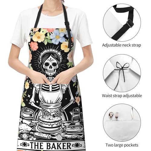Funny Apron Polyester Grooming Aprons with Pocket for Cooking Kitchen Grilling Adults - color: Flower Skull Black