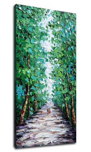 Alenoss Hand Painted Green Canvas Wall Art, Abstract Oil Painting on Canvas | Large Midsummer Forest Landscape Painting, 24x48 inches, Green, Vertical Wall Art for Living Room, Bedroom - color: AL-B102