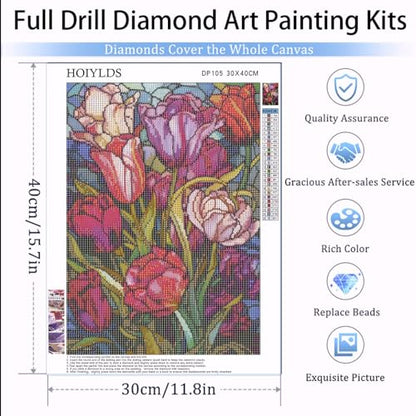 Tulips Diamond Art Painting Kits for Adults - Stained Glass Flower Round Full Drill Diamond Dots Paintings for Beginners, 5D Paint with Diamonds Pictures Gem Art Painting Kits DIY Crafts Project - color: tulip