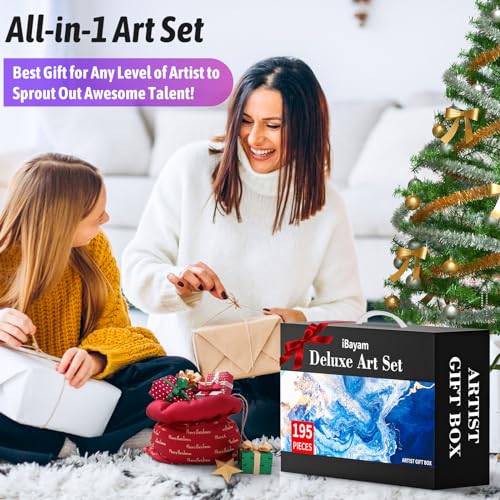 iBayam Art Set,195-Pack Arts and Crafts for Kids Ages 8-12, Deluxe Gift Box | Painting Kit Art Supplies for Adults Teens Kids, Art Kits with 24 Acrylic Paint, Sketchbook, Canvases, Crayons, Pencils - color: Black