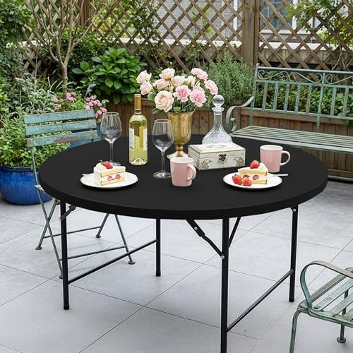 Round Fitted Tablecloth with Elastic-Black Spandex Table Covers 60 Inch | 4 Pack Spandex Stretch Windproof Washable Round Folding Banquet Tablecloths 5ft-Party Event Outdoor Wedding Trade Show Dining - color: Black, size: 60'' Round | 4 Pack
