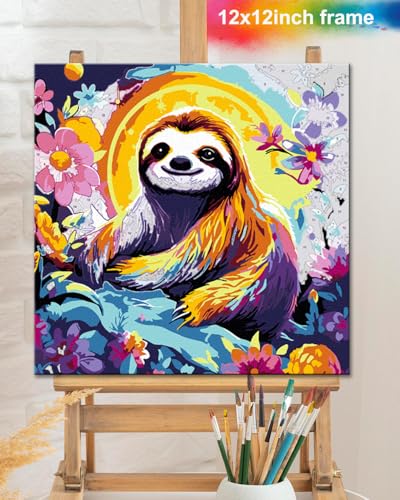 TOCARE Framed Paint by Numbers Kit for Adults Beginners,12x12inch Sloth Paint by Number with Frame,Flower Sloth Paint by Numbers Framed Canvas for Amimal Lover (Without Easel) - color: TC-F-294
