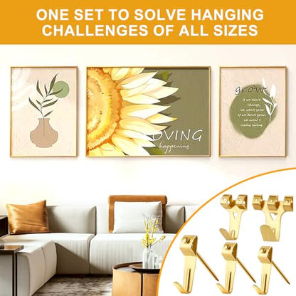 303Pcs Picture Hanging Kit, Picture Hangers Assorted Kit with Heavy Duty Picture Hanging Hooks/Hardware Nails/Sawtooth/Wire/D Rings/Level, Metal Picture Wall Hooks for Frame Canvas Mounting - size: Gold
