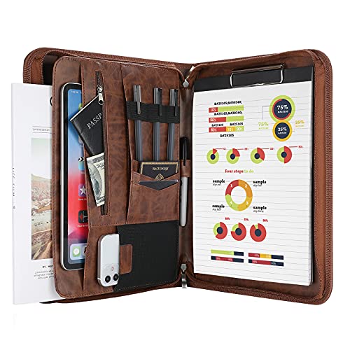 ProCase Portfolio Business Padfolio Folder with Zipper -Brown | Conference Meeting Executive File Legal Document Organizer with Pockets Letter Size A6 Writing Pad Notepad Padfolio - color: Brown