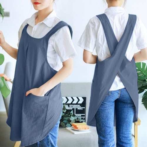 NEWGEM Japanese Cotton Linen Cross Back Cooking Apron for Women Men with Pockets Cute for Baking Kitchen - color: 08 - Women's Blue Gray