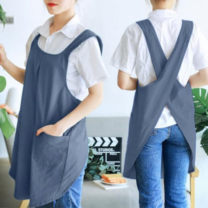 NEWGEM Japanese Cotton Linen Cross Back Cooking Apron for Women Men with Pockets Cute for Baking Kitchen - color: 08 - Women's Blue Gray