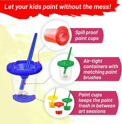 Kids Painting Set, Washable Paint for Kids with Paint Cups Gift Bundle | Bold Colors Toddler Paints Includes 6 Finger Paint Colors (2 oz Each), 6 no Spill Paint Cups, 6 Paintbrushes Non-Toxic