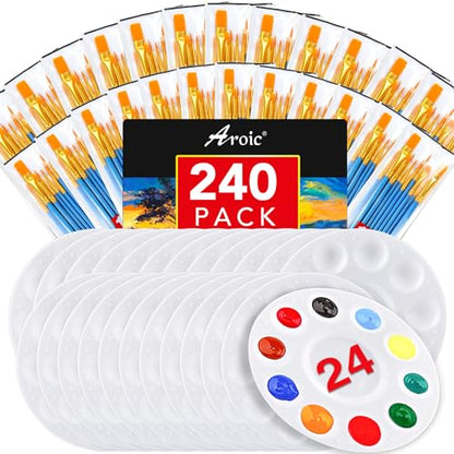 AROIC Paint Brush Palette Set,24 Pack/240Pcs Brushes and 24 Tray Palettes | Professional Artist Acrylic Brushes, Finger and Face Painting Oil Painting Watercolor Kids and Adult Painting Art Set - size: 240 Brushes 24 Palettes