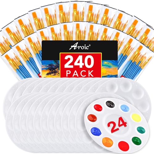 AROIC Paint Brush Palette Set,24 Pack/240Pcs Brushes and 24 Tray Palettes - size: 240 Brushes 24 Palettes