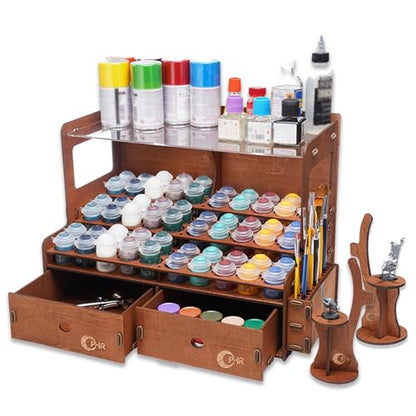 OPHIR Wooden Paint Rack for 60 Bottles with 2 Brush Holders & 2 Drawers - size: 1.42"-60 Hole
