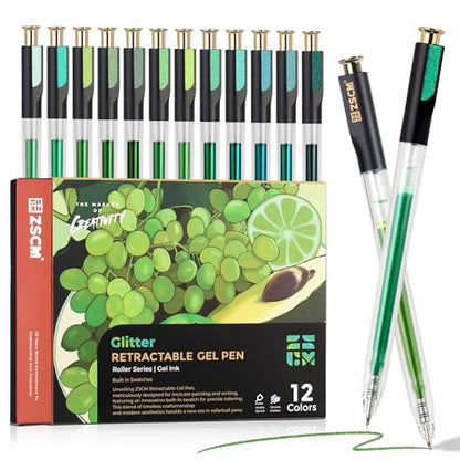 Green Retractable Glitter Gel Pens, 12 PCS Large Capacity Metallic Ink Pen - color: 12 Green