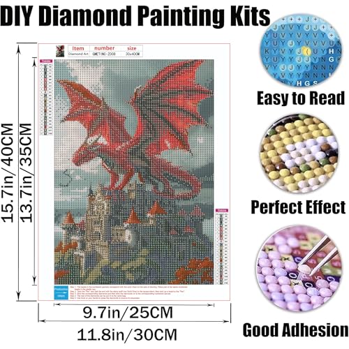 GMETNIC Diamond Art Kits for Adults- Diamond Painting Kits for Adults Beginners, 5D DIY Full Drill Round Rhinestone Gem Art Crafts Paintings for Home Wall Decor 12"x16" (Red Dragon's Castle) - color: Red Dragon's Castle