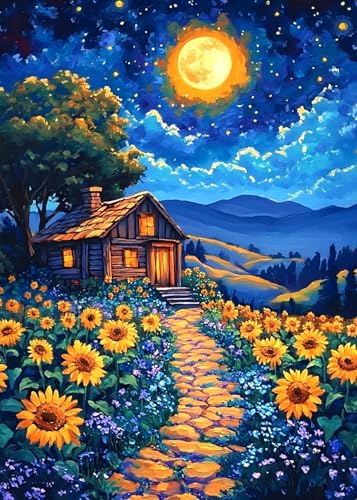Yunnuo Diamond Art Kits for Adults Sunflower Cottage,5D DIY Diamond Painting Landscape,Night Scenery Gem Painting Kit with Round Diamonds for Gift&Decoration(12x16in/30x40cm) - color: E005-sunflower cottage 30x40cm