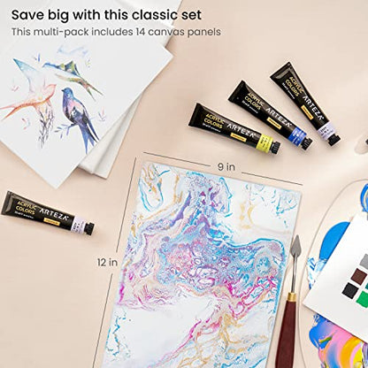 ARTEZA Canvas Boards for Painting, 9 x 12 Inches, Pack of 14, Blank White Canvas Panels for Acrylic, Oil and Gouache Painting - size: 9 x 12 (Pack of 14)