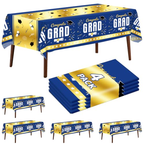 4 Pack Pack Graduation Tablecloth 54"x108" Disposable Plastic Tablecloths Gongrats Grad Tablecover for Graduation Party Supplies (Blue) - color: Graduation Blue