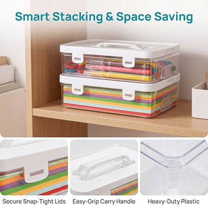 2 Pack Plastic Craft Storage Box with Lid, Clear Stackable Pencil Case, Portable Art Supply Organizer with Handle, Small Carrying Crayon Container for Sewing Ornament Nail Polish Tape