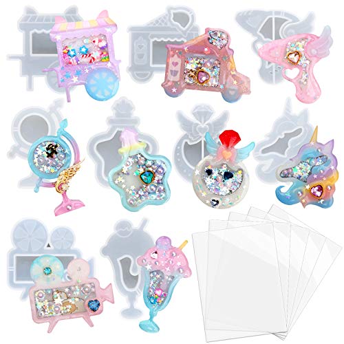 FUNSHOWCASE Resin Shaker Molds Set Charms Pendant Jewelry Making Supplies 9 Silicone Trays with 5 Clear Seal Films - color: Charms Pendant Craft 14-Pack