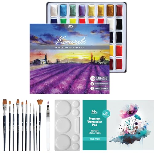 MozArt Japanese Watercolor Paint Kit 40 Colors 10 Brushes & Palette | Complete Komorebi Watercolor Art Supplies – Brush Pen, Palette & Paper Pad – Gift Set for Adults, Kids, Students & Beginners - color: Watercolor 40 Color Complete Accessoires