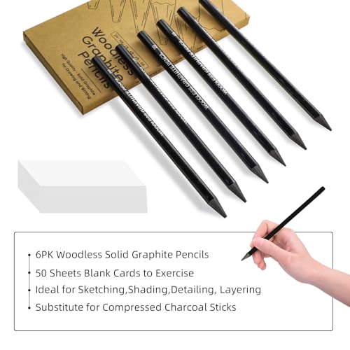LIVHOLIC Woodless Graphite Drawing Pencils Set,6 Black Lead Pre-Sharpened 2H HB, 2B, 4B, 6B 8B Degrees Coloring Pencils, 50PK Blank Watercolor Card for Sketching,Writing,Shading
