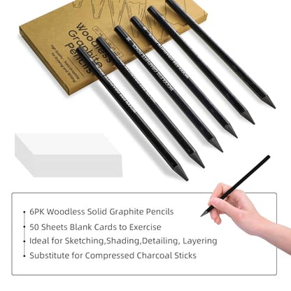 LIVHOLIC Woodless Graphite Drawing Pencils Set,6 Black Lead Pre-Sharpened 2H HB, 2B, 4B, 6B 8B Degrees Coloring Pencils, 50PK Blank Watercolor Card for Sketching,Writing,Shading