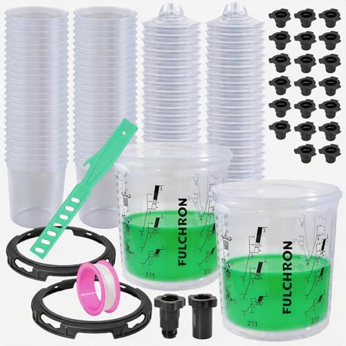 Disposable Paint Cups For Spray Gun, 20oz 125-Micron Mixing Cup With Lids | Fulchron 50PCS Paint Cup Liners with Lids, 2 Hard Cups & Adapters, Ideal for HVLP/LVLP Spray Gun 360° Spray & Less Cleanup - size: 20 ounce