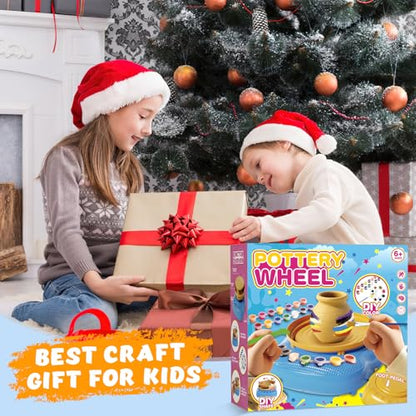 Pottery Wheel for Kids with Air Dry Clay Kit, 12 Paints & Tools, Ages 6-12 | No kiln needed: shape on the electric wheel, air-dry & paint. Gentle beginner speed; kit adds 3 clay packs, tools & apron - color: yellow/blue