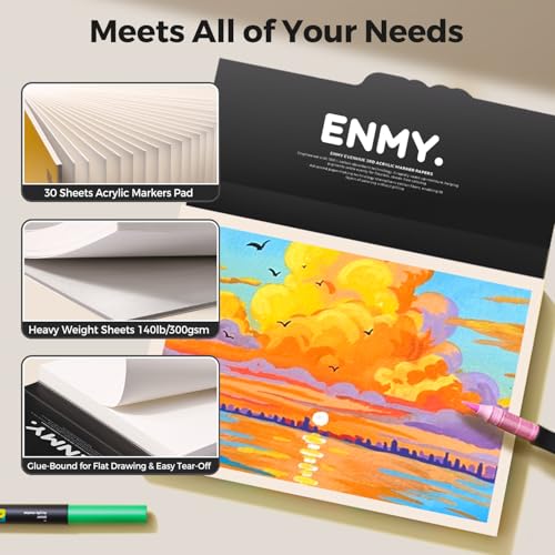ENMY Acrylic Marker Sketch Pad, 10.2×7 inch Bleed-Proof Marker Paper,140lb/300gsm Heavyweight Sketchbook, 30 Sheets Drawing Pad Glue-Bound with Hard Backing for Artists, Students - size: 10.2×7 inch