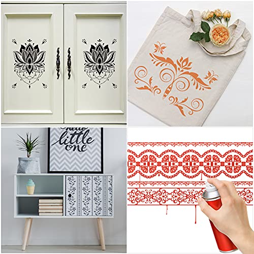 16 Pieces Flower Border Stencils, Mandala Stencils Templates Reusable Laser Cut Floral Painting Templates for DIY Wall Tile Furniture Canvas Craft Stencil Outdoor Indoor Decoration, 11.4 x 8.3 Inch