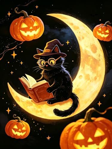 Muzagroo Art 5D Halloween Diamond Paintings Kits for Adults Round Full Drill Pumpkin Diamonds Art Kits for Beginners cat Diamond Art Paintings Gem Art Kits Diamond Dots Kits 30x40cm (cat and Moon) - color: Cat&Moon