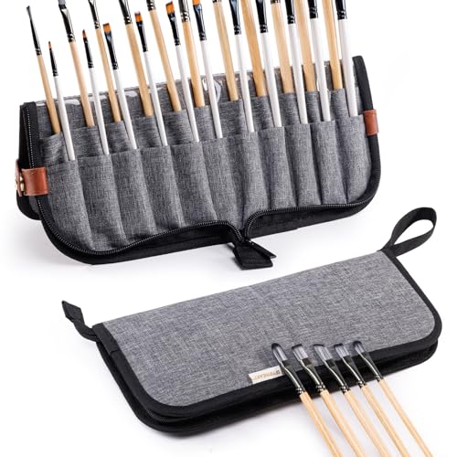 Paint Brush Holder Case for Artists with 22 Slots, Brush Organizer with Pop-Up Stand, Travel Paintbrush Storage Bag for Acrylic Oil Watercolor, Zippered Art Brush Cover (Brushes Not Included) - color: Gray, size: Medium 6*11"