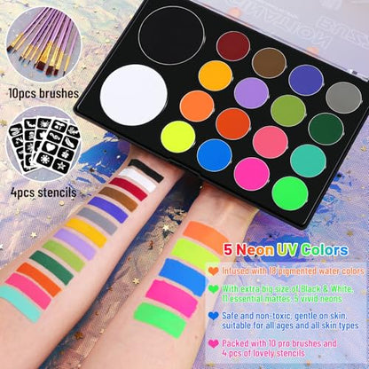 UCANBE Face Painting Kit for Kids & Adults -18 Colors Non-Toxic Water Based Face Body Paint Palette with Paint Brushes&Stencils, Professional Facepaint Set for Halloween SFX Makeup, Cosplay & Costume - color: Painting Palette Set