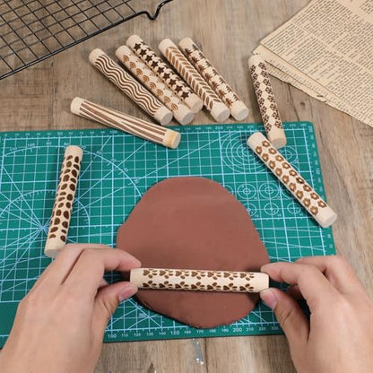 10 Styles Clay Texture Roller Bulk 4.3 X 0.6" 3D-Printed Clay Pottery Tools | Wooden Pottery Stamp Natural Color Handmade Potterys Tools and Supplies for DIY Handicrafts