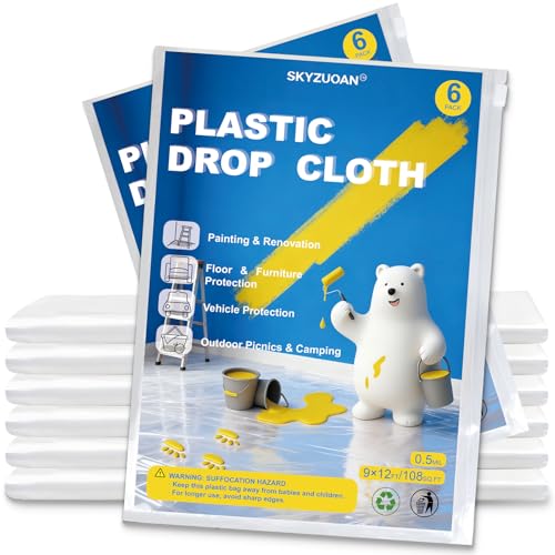 6 Pack 9x12 FT Plastic Drop Cloths for Painting, Disposable Sheeting & Tarp | Lightweight Cover for Furniture & Floor. Waterproof & Dustproof Painters Plastic for DIY, Renovation & Room Protection - color: 6-Pack
