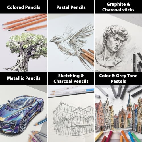 COLOUR BLOCK 91-PC Sketching & Drawing Set in Wooden Easel Case – All-in-One Mixed Media Art Supplies with Colored, Metallic, Charcoal & Pastel Pencils, Soft Pastels, Essential Tools and Drawing Pad