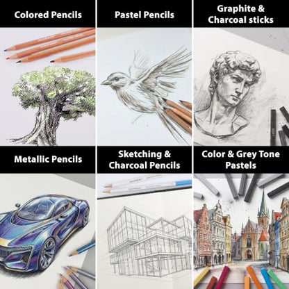 COLOUR BLOCK 91-PC Sketching & Drawing Set in Wooden Easel Case – All-in-One Mixed Media Art Supplies with Colored, Metallic, Charcoal & Pastel Pencils, Soft Pastels, Essential Tools and Drawing Pad