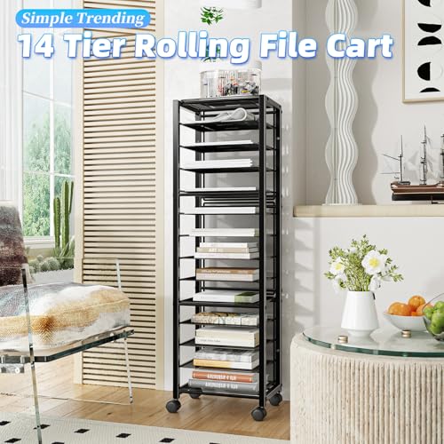 Simple Trending 14 Tier Rolling File Cart, Desk File Organizer, Paper Letter Storage Rolling Clutter Cart for Office, Home, School, Black - style: 14 Tier