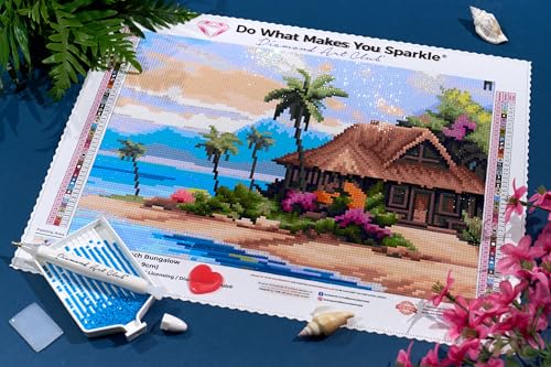 DIAMOND ART CLUB Beach Bungalow Diamond Art Kits for Adults | Premium Diamond Painting Kit, Fun DIY Crafts for Adults, Square Diamond Art Canvas, 13.3" x 9.8" (33.9 x 24.9 cm) - color: Beach Bungalow