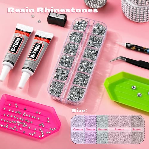 25000 Pcs Resin Jelly Rhinestones Kit, Sliver Clear 2/3/4/5/6mm Flatback Rhinestones with 2 Pcs B7000 Jewelry Glue & Tools, All-in-One Bedazzling Kit for DIY Arts & Crafts Gifts - color: Sliver Clear