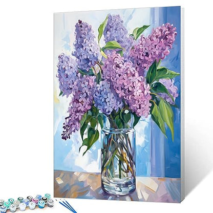 Tucocoo Paint by Number Blue Lilac in a Glass Vase Flowers DIY Painting On Canvas with Brushes Acrylic Paints Graffiti Paint by Numbers for Adults Kids Students Beginner 16x20 Inch（DIY Frame） - color: Flower in Vase 01, size: 16''x20''(DIY Frame)