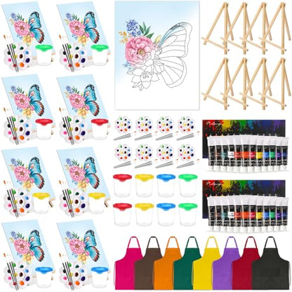 Cholemy 8 Set Paint and Sip Kit for Adults 8'' x 10'' Pre Drawn Canvas with Wooden Easels Acrylic Paint Brushes Wash Cup Palette Apron for Painting DIY Date Night Party Supplies(Butterfly) - style: Butterfly