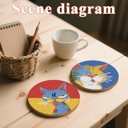 DOTSOPS 8 PCS Cat Diamond Art Coasters Kits for with Holder Beginners 4 in - color: Ecat