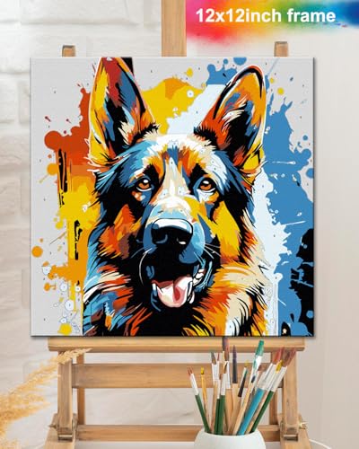 TOCARE Framed Paint by Numbers Kit for Adults Beginners,12x12inch Dog Paint by Number with Frame,German Shepherd Paint by Numbers Framed Canvas Animal (Without Easel) - color: TC-F-224