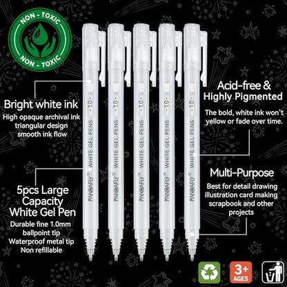 PANDAFLY White Gel Pens, 1mm Fine Point, 5 Pack | Opaque White Archival Ink Pens for Highlights, Black Paper Drawing, Sketching, Illustration, Card Making, Bullet Journaling - color: White