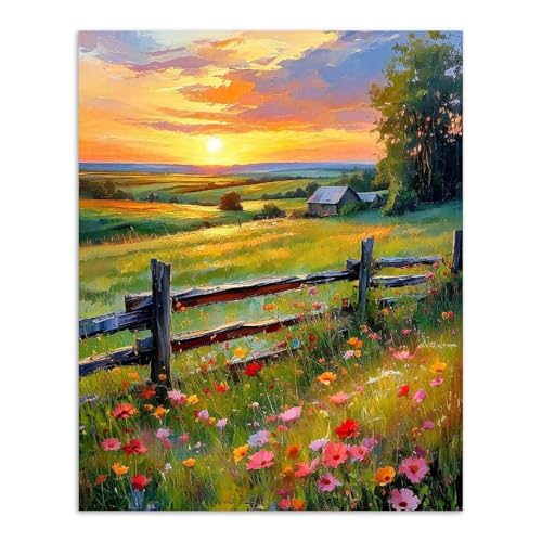 Alptiny Sunset Farm Paint by Numbers Kit for Adults Beginner, Countryside Landscape with Flowers Paint by Number Kits, DIY Oil Painting Kit for Relaxation & Home Decor, 16x20 Inch - color: Countryside Landscape