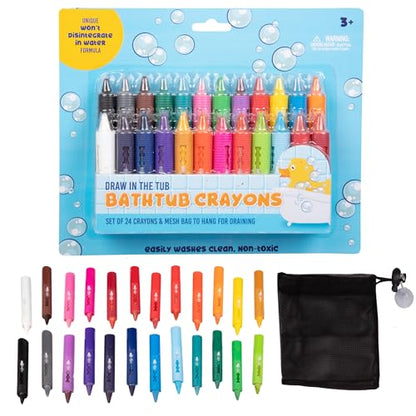 SCS Direct Bath Crayons Super Set – 24 Pack Water Crayons for Toddlers & Kids – Non-Toxic Bathtub Drawing Toys with Mesh Storage Bag – Summer Water Table, Pool & Bath Time Activity – Creative Gift