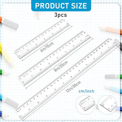 3 Pack 6 Inch 8 Inch 12 Inch Ruler Set Plastic Straight Ruler Transparent Measuring Tool Acrylic Clear Ruler for School Office Student - color: Transparent, size: 6 Inch + 8Inch + 12 Inch